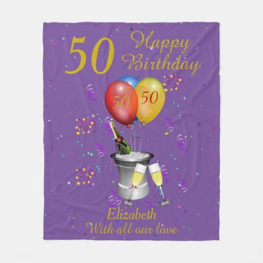 50誕生祝い紫 フリースブランケット (正面)