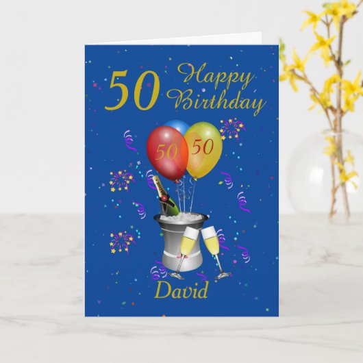 50誕生祝い青 カード (黄色い花)