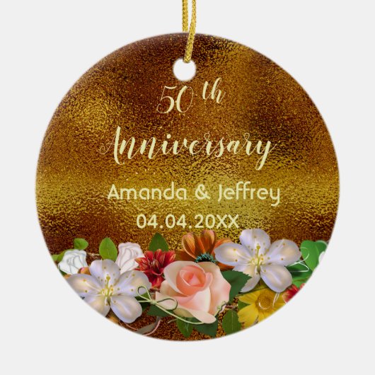 50金ゴールド結婚の白花模様 セラミックオーナメント (正面)