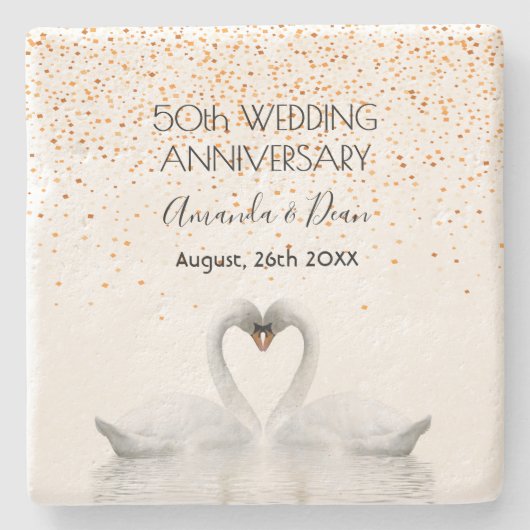 50金ゴールド結婚記念日のロマンチックな白鳥 ストーンコースター (正面)