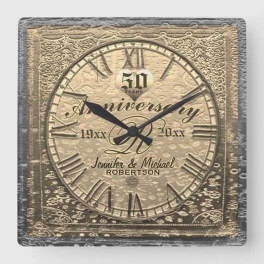 50金ゴールド結婚記念日ヴィンテージ動揺して スクエア壁時計 (正面)