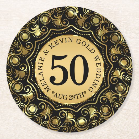 50金ゴールド結婚記念日金ゴールド円枠 ラウンドペーパーコースター (正面)
