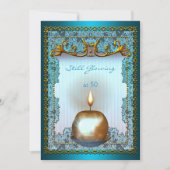 50静止誕生日白熱［赤熱］光を放つティール（緑がかった色）金ゴールドキャンドルグロー 招待状 (正面)