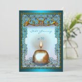 50静止誕生日白熱［赤熱］光を放つティール（緑がかった色）金ゴールドキャンドルグロー 招待状 (スタンド正面)