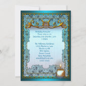 50静止誕生日白熱［赤熱］光を放つティール（緑がかった色）金ゴールドキャンドルグロー 招待状 (裏面)