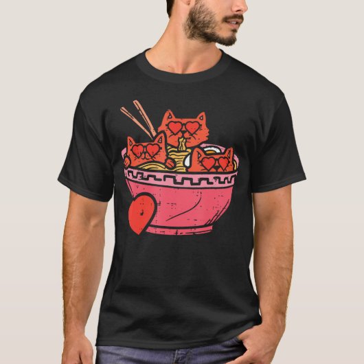 500ハート猫ラーメンかわいいバレンタイン Tシャツ (正面)