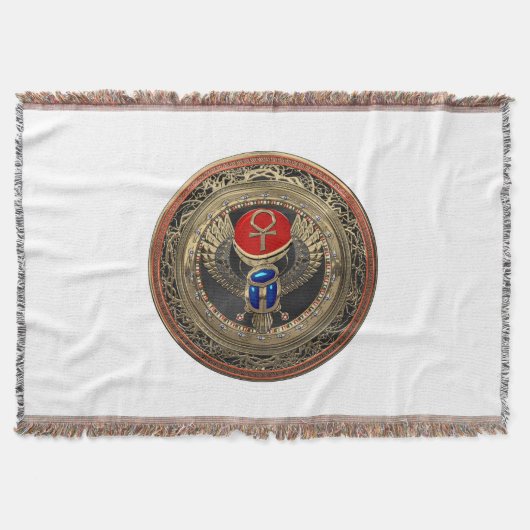 [500]聖なる金ゴールドエジプトの翼を持つスカラブとアンク スローブランケット (正面)