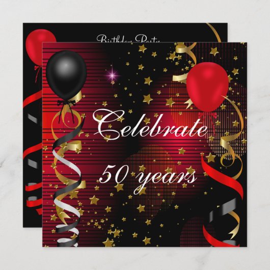 50 祝th Birthday Party Black Red Stars 招待状 (正面/裏面)