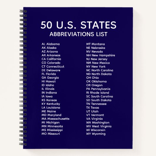 50 米国州 略称リスト 青ノート ノートブック (正面)