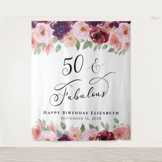 50 素敵な花の水彩画の誕生日パーティー タペストリー (正面)