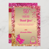 50&素晴らしいハイヒール金ゴールドホットピンクグリッターグラム サンキューカード (正面/裏面)