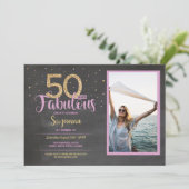 50 &素晴らしいピンクの誕生日パーティー50番目の金ゴールド写真 招待状 (スタンド正面)