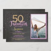 50 &素晴らしいピンクの誕生日パーティー50番目の金ゴールド写真 招待状 (正面/裏面)