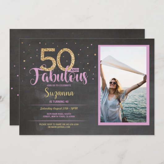 50 &素晴らしいピンクの誕生日パーティー50番目の金ゴールド写真 招待状 (正面/裏面)