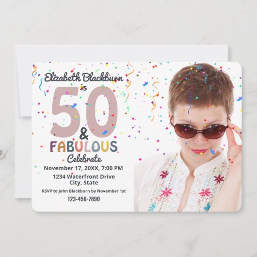 50&素晴らしい写真50thおもしろい誕生日パーティピンク 招待状 (正面)