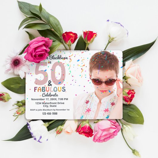50&素晴らしい写真50thおもしろい誕生日パーティピンク 招待状