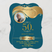 50,誕生日マン任意の年齢，アートデコ，グリーン金ゴールド 招待状 (正面/裏面)