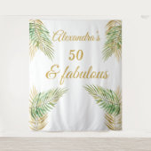 50 誕生日 ゴールド グリーン パーム 白 タペストリー (正面)