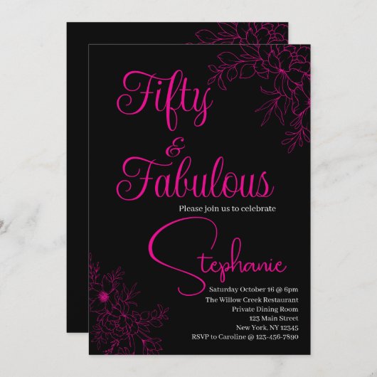 50 and Fabulous | 50th Birthday Party Black Pink 招待状 (正面/裏面)