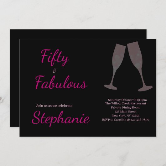 50 and Fabulous | 50th Birthday Party Black Pink 招待状 (正面/裏面)