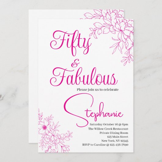 50 and Fabulous | 50th Birthday Party Pink 招待状 (正面/裏面)