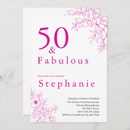 50 and Fabulous | 50th Birthday Party Pink 招待状 (正面/裏面)