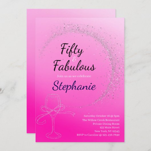 50 and Fabulous | 50th Birthday Party Pink 招待状 (正面/裏面)