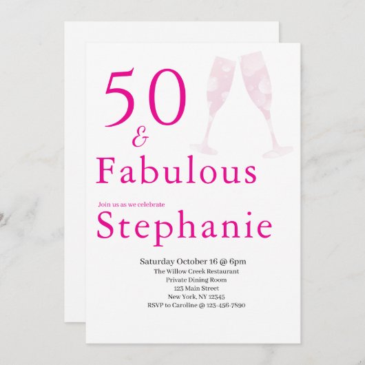 50 and Fabulous | 50th Birthday Party Pink 招待状 (正面/裏面)