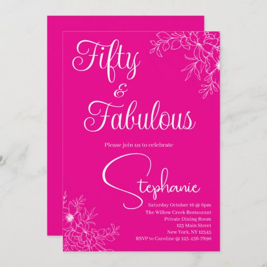 50 and Fabulous | 50th Birthday Party Pink White 招待状 (正面/裏面)