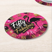 50 and fabulous, 50th birthday pink flamingo ラウンドペーパーコースター (アングル)