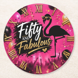 50 and fabulous,  50th birthday pink flamingo ラウンドペーパーコースター