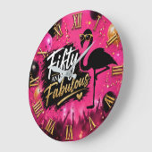 50 and fabulous,  50th birthday pink flamingo ラージ壁時計 (傾斜)