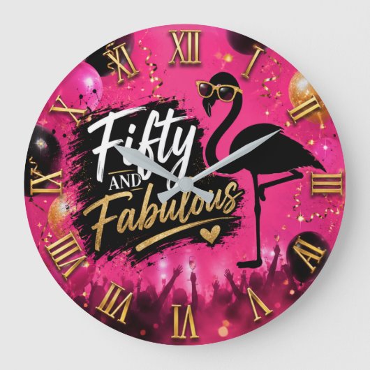 50 and fabulous,  50th birthday pink flamingo ラージ壁時計 (正面)