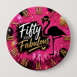 50 and fabulous,  50th birthday pink flamingo 缶バッジ