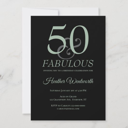 50 and Fabulous 50th Birthday Sage Black 招待状 (正面)