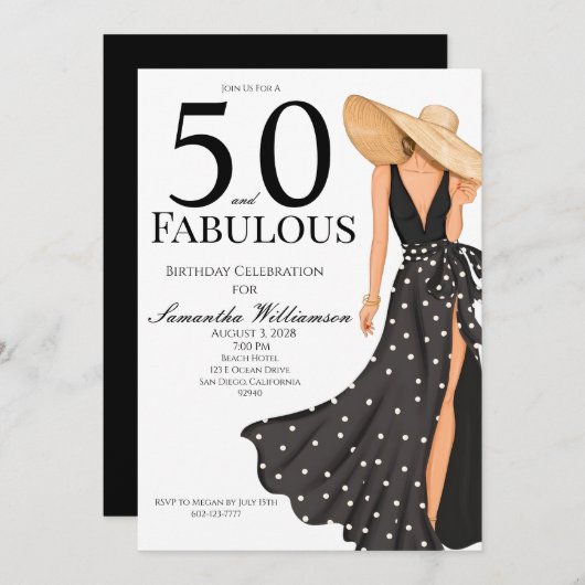 50 and Fabulous Black Birthday Party 招待状 (正面/裏面)