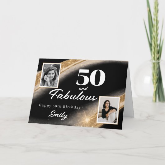 50 and Fabulous Black Gold Photo 50th Birthday カード (正面)