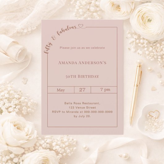 50 and fabulous blush pink birthday 招待状