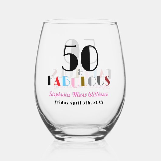 50 and Fabulous Bold Art Deco 50th Birthday Party ステムなしワイングラス (正面)