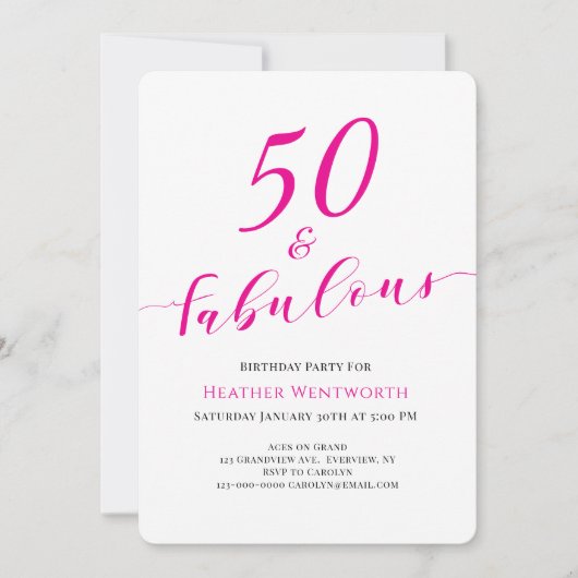 50 and Fabulous Fiftieth Birthday Hot Pink Script 招待状 (正面)