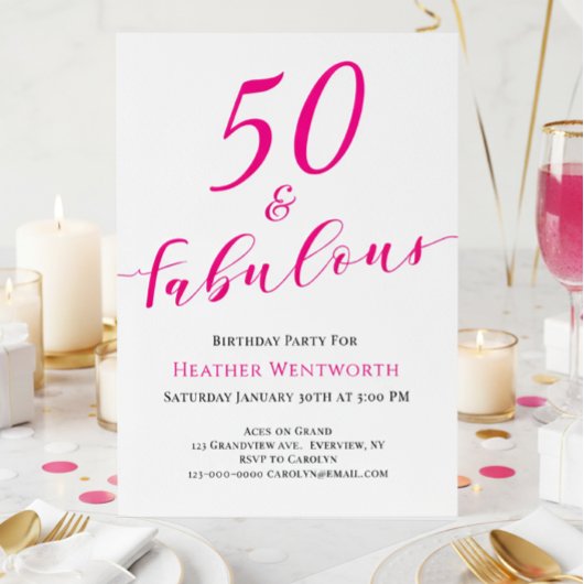 50 and Fabulous Fiftieth Birthday Hot Pink Script 招待状