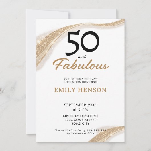 50 and Fabulous Gold 50th Birthday Invitation 招待状 (正面)