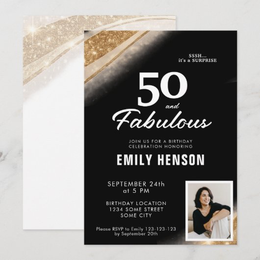 50 and Fabulous Gold Black 50th Birthday 招待状 (正面/裏面)