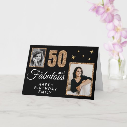 50 and Fabulous Gold Glitter 2 Photo 50th Birthday カード (蘭)