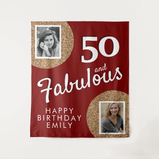 50 and Fabulous Gold Glitter 2 Photo 50th Birthday タペストリー (正面)