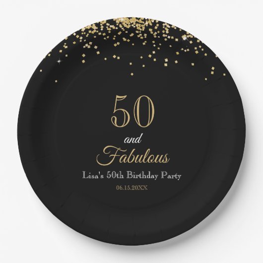 50 and Fabulous Gold Glitter and Black Birthday ペーパープレート (正面)