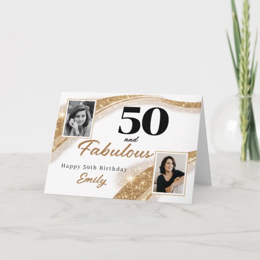 50 and Fabulous Gold Glitter Photo 50th Birthday カード (正面)