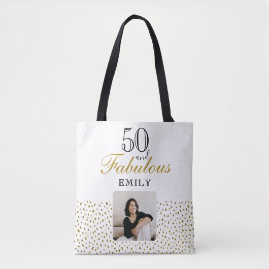 50 and Fabulous Gold Glitter Photo 50th Birthday トートバッグ (正面)