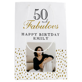 50 and Fabulous Gold Glitter Photo 50th Birthday ミディアムペーパーバッグ