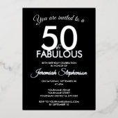 50 and Fabulous Modern Black Silver 50th Birthday 箔招待状 (正面)